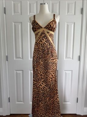 NWOT Princess Polly Sanctuary Leopard Slip Dress Lace Trim Satin Feel Maxi Size4